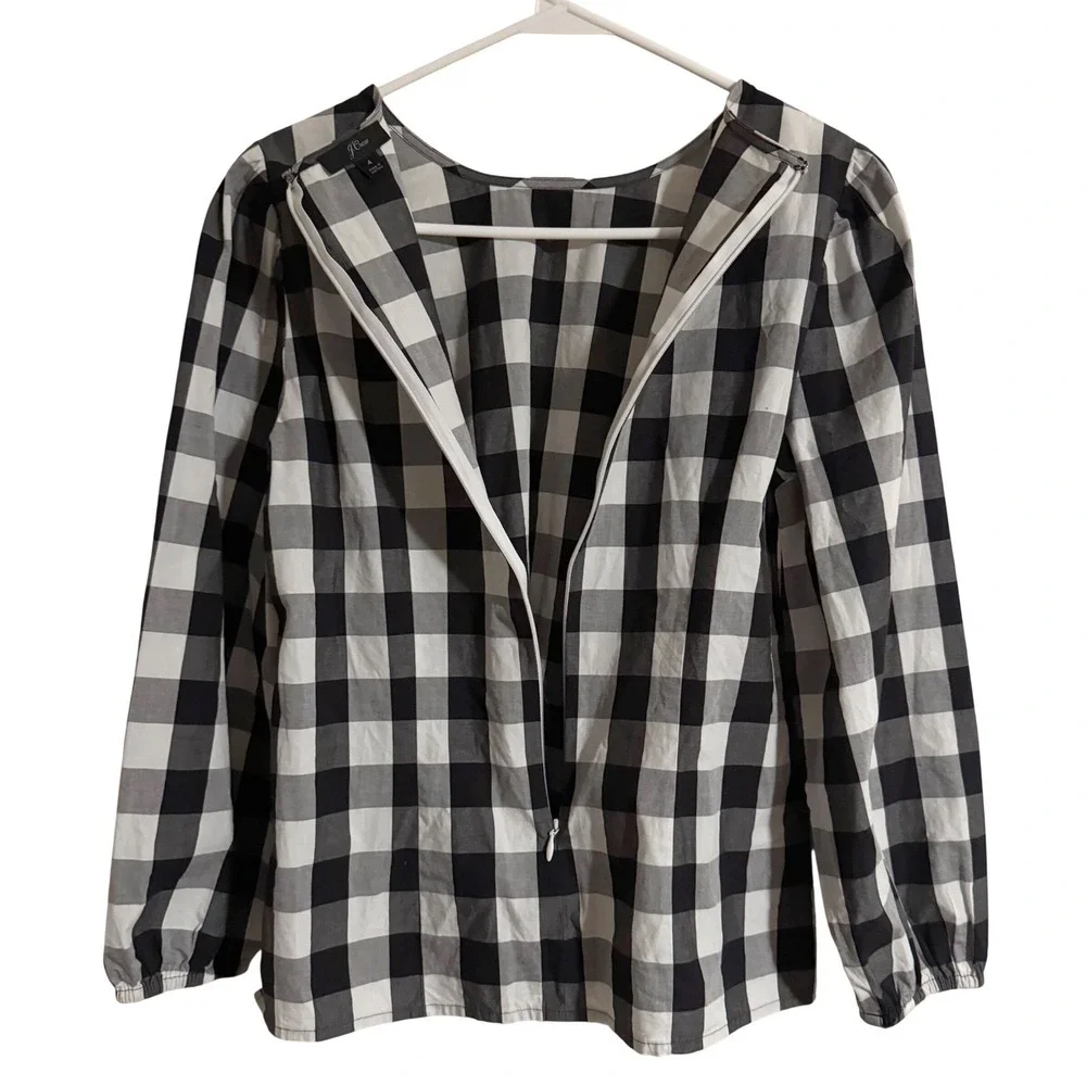 J. Crew Black & White Gingham Plaid Puff Sleeve‎ Blouse Size 4